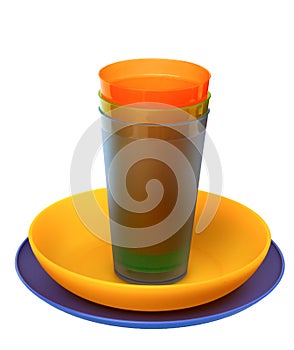 Multicolored plasticÂ plates,Â cups